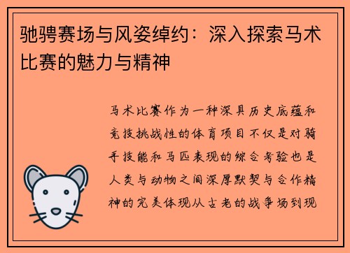 驰骋赛场与风姿绰约：深入探索马术比赛的魅力与精神